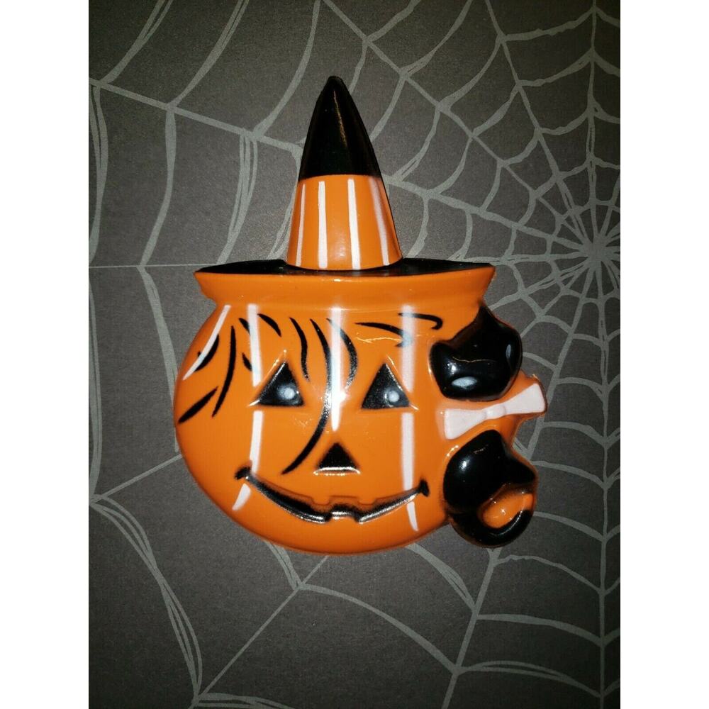 Vintage halloween pumpkin‎ black cat cake topper thin plastic new old stock 4"h